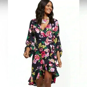 New York and Company women’s Navy Floral Wrap Dress; size medium; pre-loved